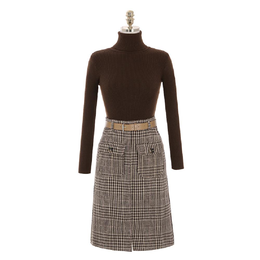 op4006 Belt construction Polar neck knit and check pattern skirt set two piece set