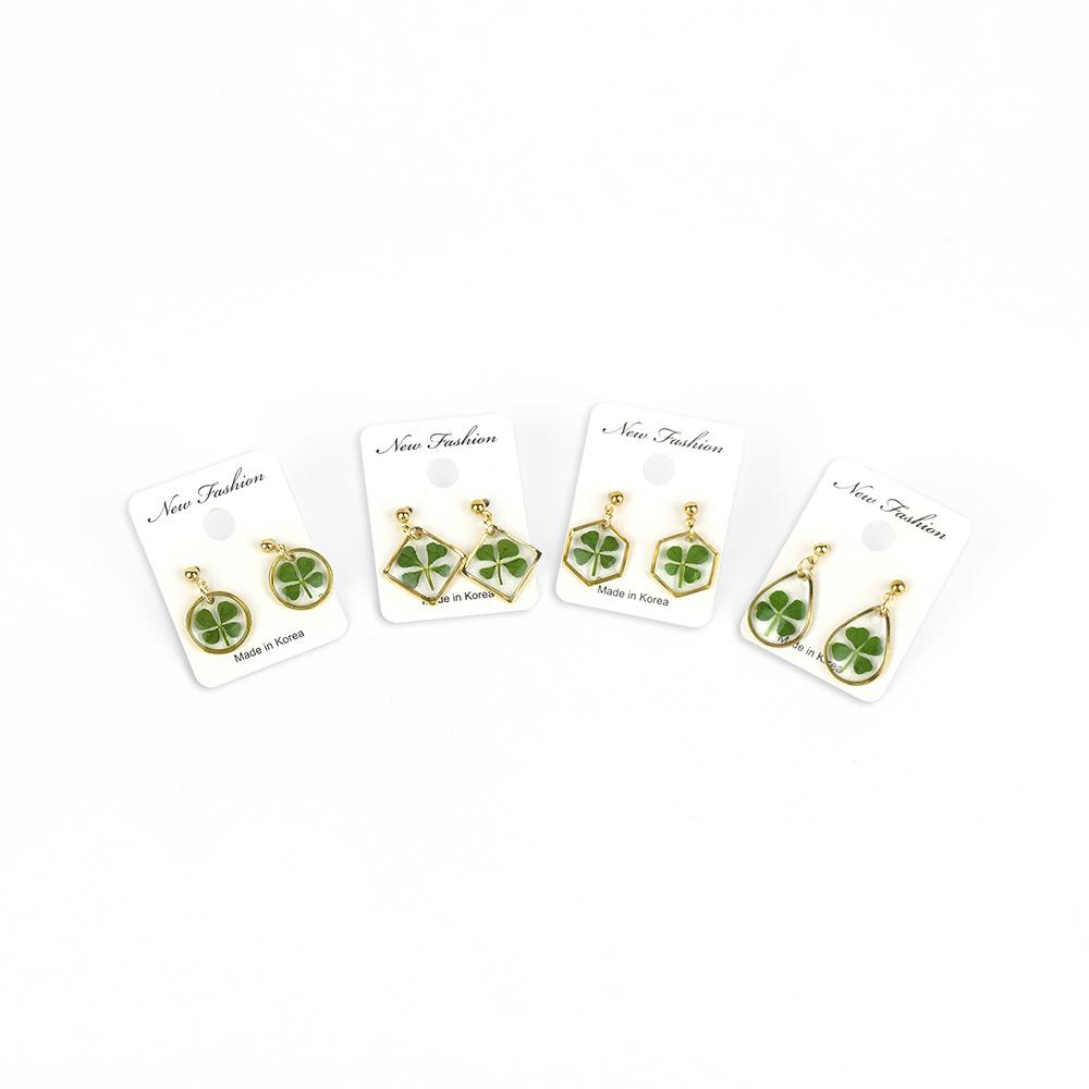 Resin Craft Earring with Four Leaf Clover Dangle Real Lucky Clover Ear Rings - Water Drop Type